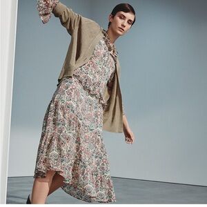 Vanessa Bruno Floral Sheer Midi Ruffle Bell Sleeve Dress Size Small